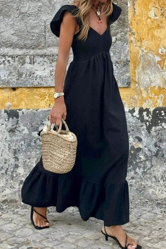 V Neck Ruffled Cap Sleeve Smocked Maxi Dress Black Trendsi 143a7a6b-d3f4-402a-ab2e-569184872443-Max-Origin