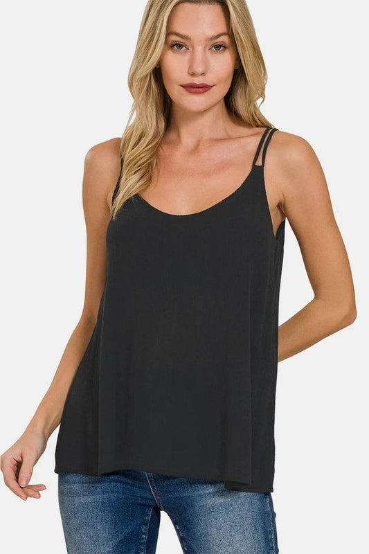 Zenana Woven Double Spaghetti Strap V-Neck Cami BLACK Trendsi 146ac68b-2816-46b3-8d3f-3c60a4e093bf-Max