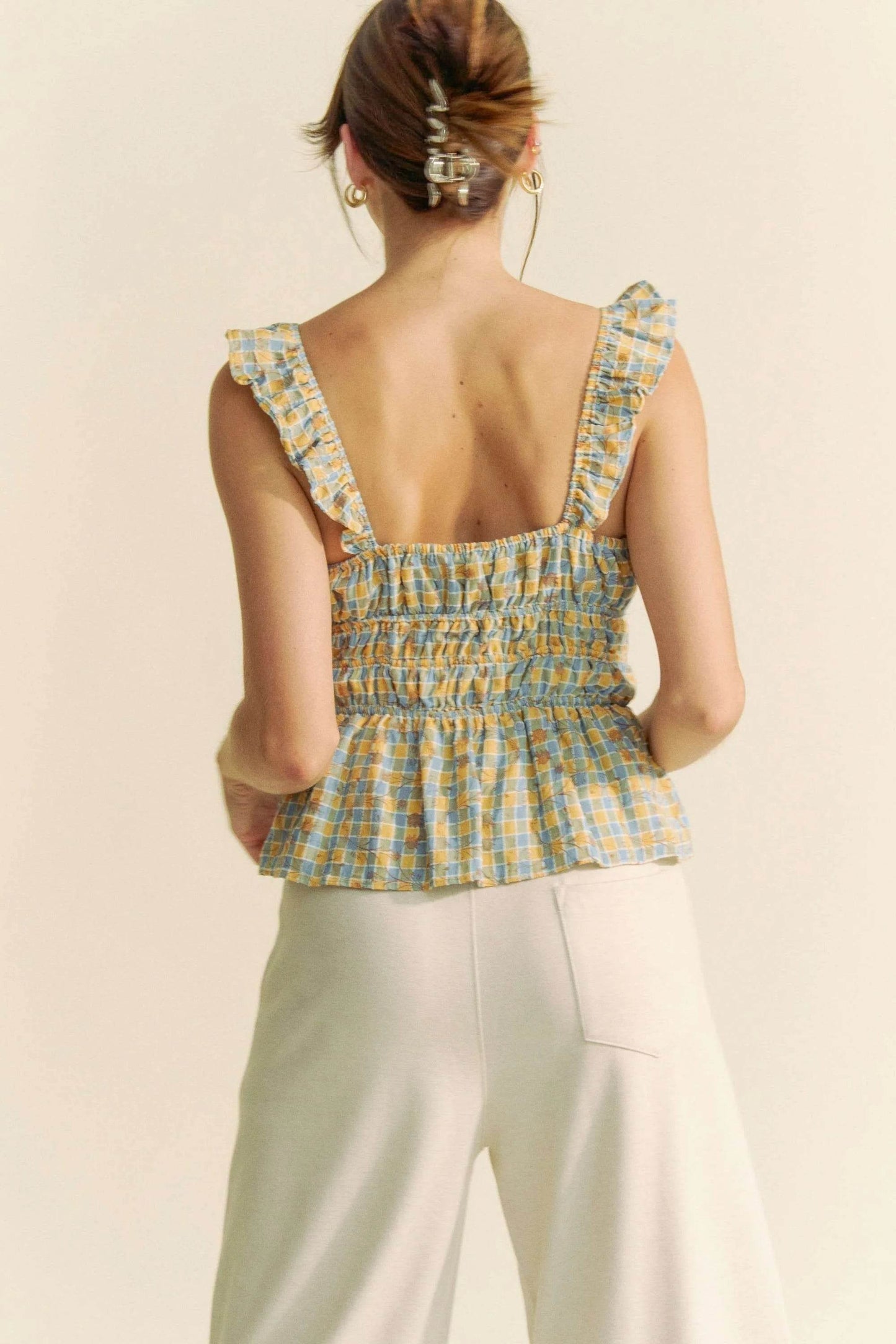 Davi & Dani Plaid Ruffled Strap Smocked Sleeveless Top Trendsi 14a8e8d6cf634868a8467a17f9b9a7a3-Max-Origin