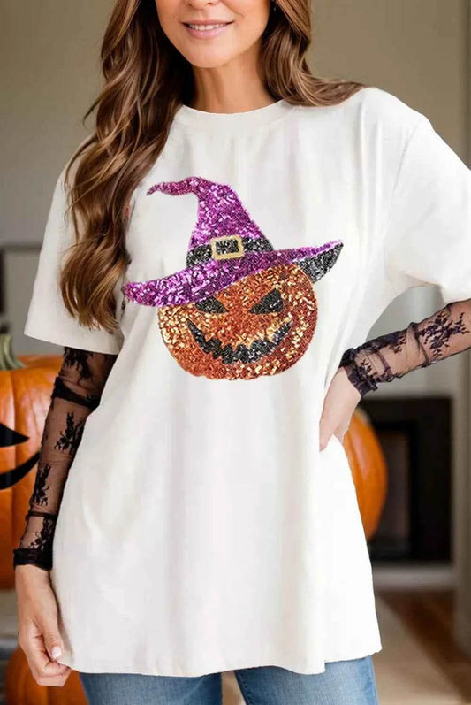 Sequin Pumpkin Round Neck Short Sleeve T-Shirt White Trendsi 14e73aca-c3d4-4b86-9cda-653de5716bfd-Max