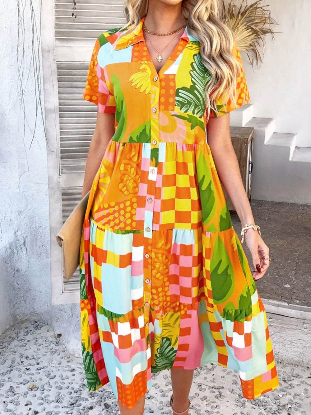 Devine Printed Johnny Collar Button Down Short Sleeve Midi Shirt Dress Tangerine Trendsi 14fc750e-a0c6-4b85-b6cf-c6f27410b2e0-Max