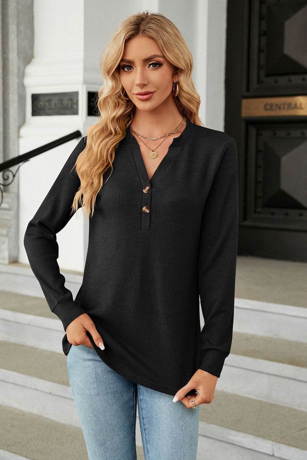 V-Neck Long Sleeve Blouse Trendsi 1514d343994042a6a2e9409fa8c2827e-Max
