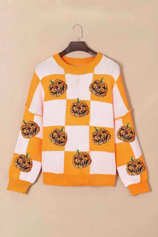 Pumpkin Checkered Round Neck Long Sleeve Sweater Trendsi 1518b173-54fe-48a3-816d-b5d7f3767b53-Max