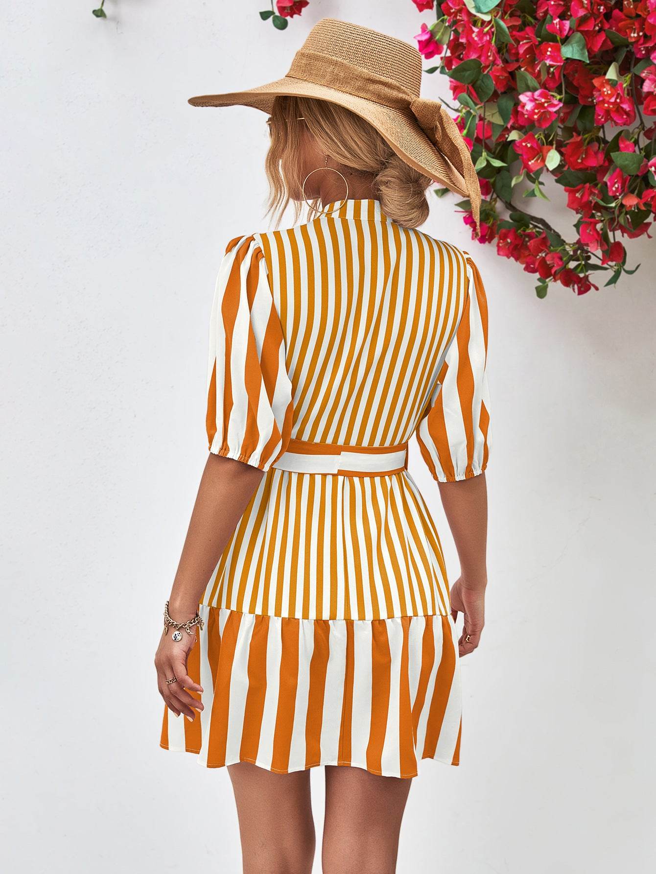 Striped Half Sleeve Tie Waist Mini Dress Trendsi 151c6a4e38bf48fe9d6724d2b00b6bbe-Max