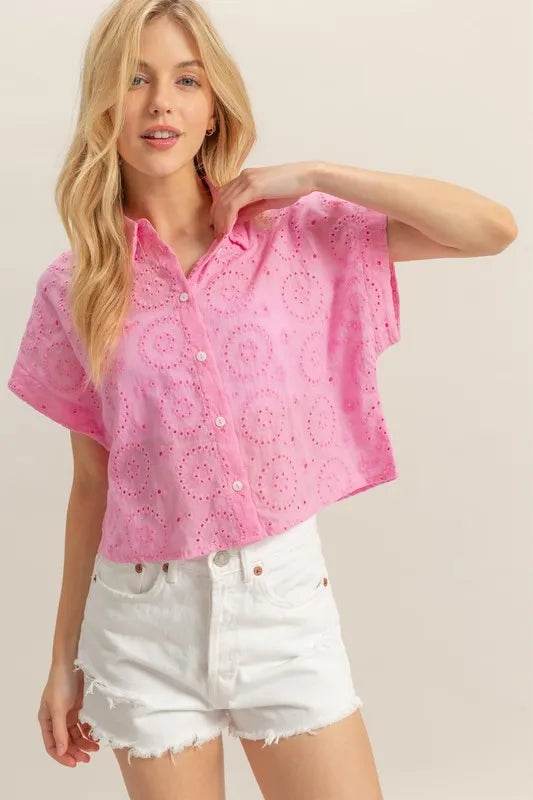HYFVE Lightweight Eyelet Button Down Short Sleeve Shirt Pink Trendsi 1523620e-7b3a-42b1-bbf5-d3896b63aaa0-Max
