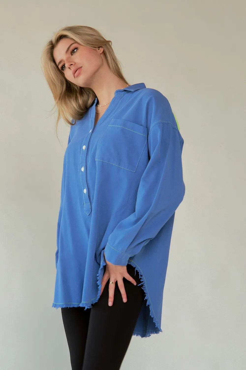 Davi & Dani Letter Back Raw Hem Half Button Shirt Trendsi 15379d0a-f66c-4580-91ef-2ce7e0b4b65f-Max