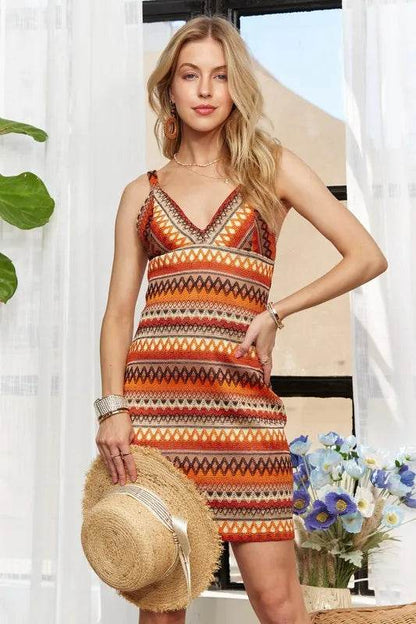 ADORA Contrast Striped V-Neck Mini Dress Orange Multicolor Trendsi 1543fb83-c2d4-470a-8206-9d3ee50b22c6-Max