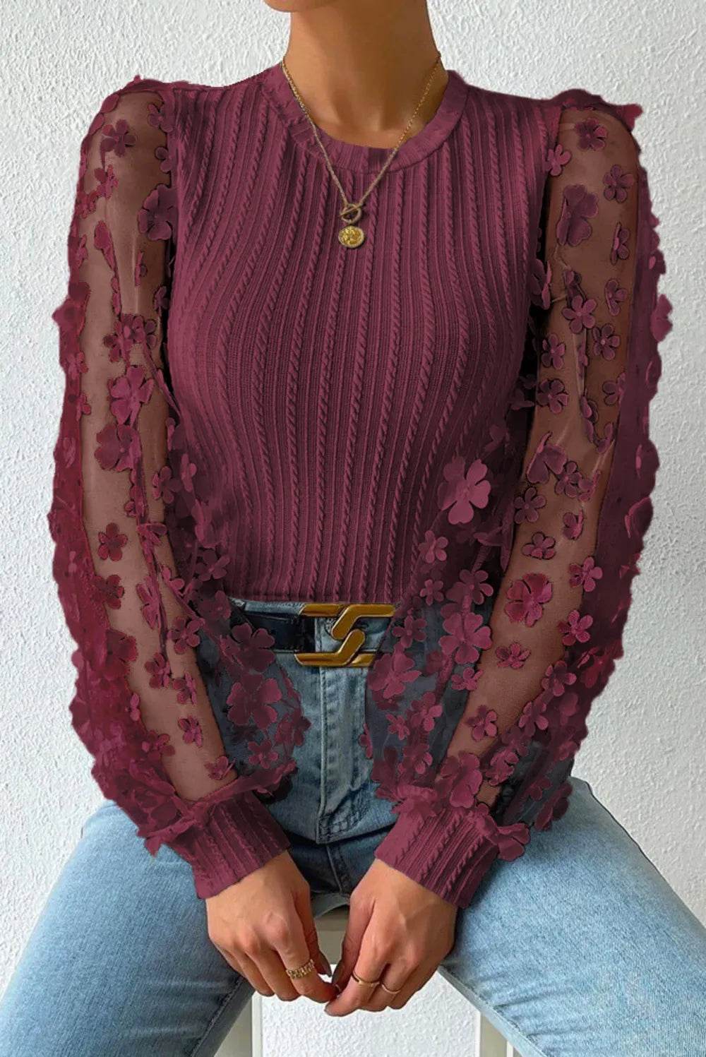 Textured Applique Long Sleeve Blouse Trendsi 154d836d-83cb-4ec6-bc10-19eb976c2ddc-Max