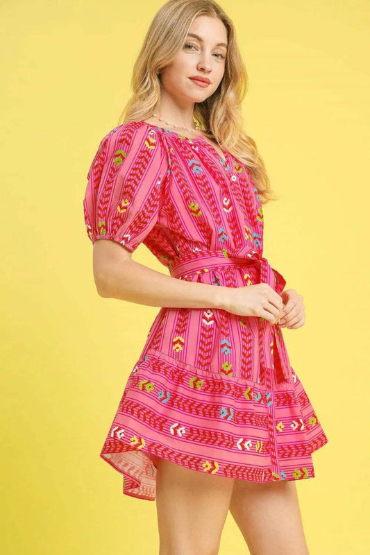 Umgee Printed Tie Waist Puff Short Sleeve Mini Dress Trendsi 1559396f-fc51-42ff-b869-835e760fbe54-Max-Origin