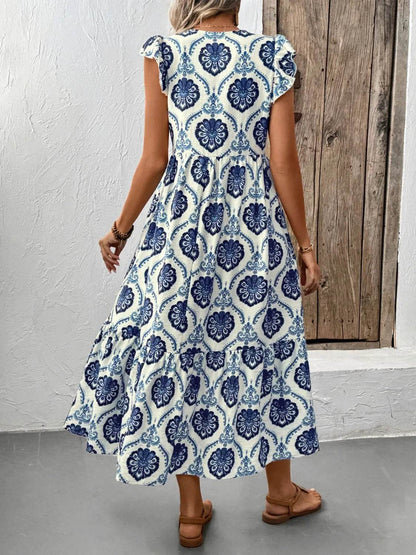 Printed V-Neck Cap Sleeve Dress Trendsi 15704018-7d3a-4a1a-9103-b4a936cb82d1-Max-Origin