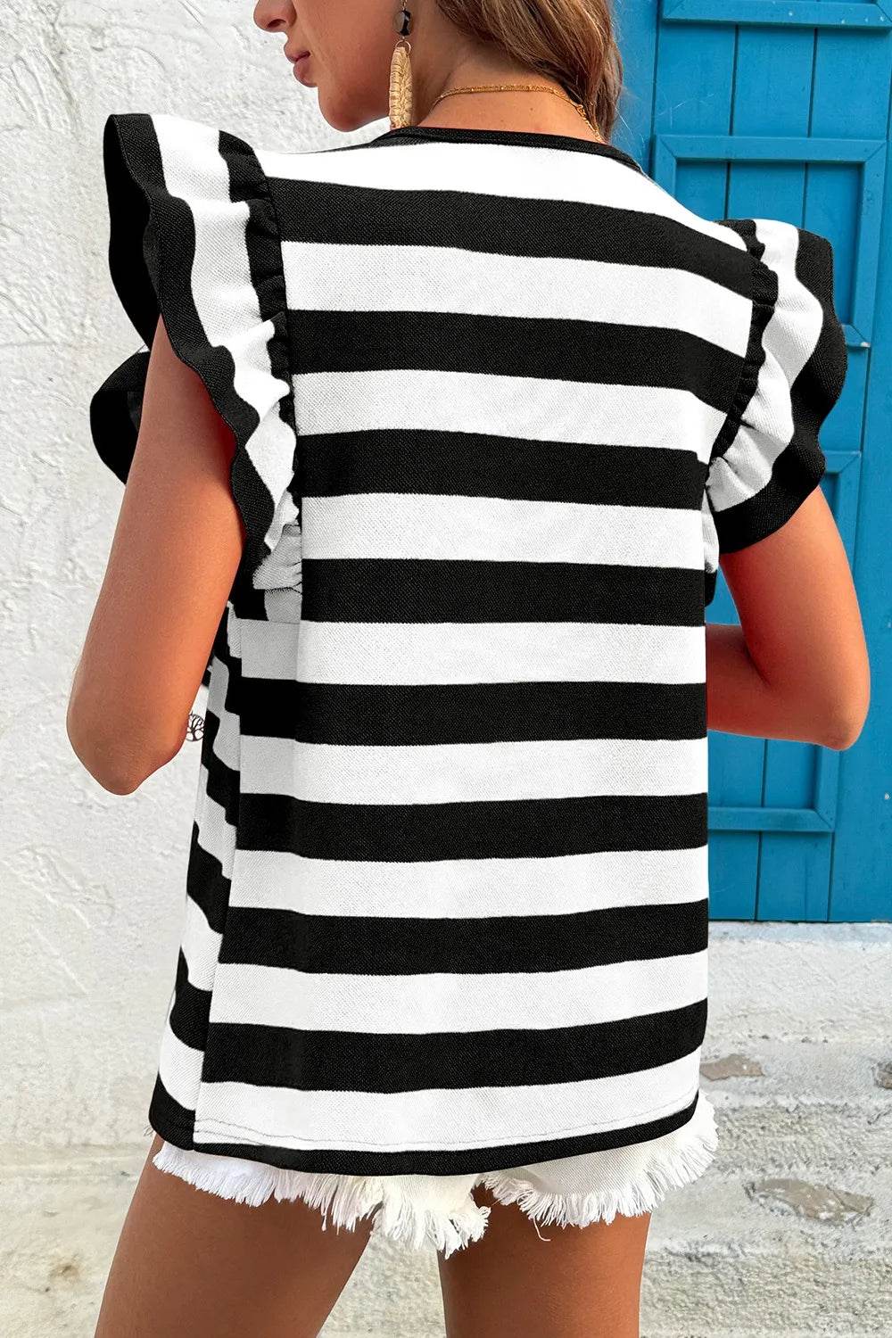 Ruffle Sleeve Striped T-Shirt Trendsi 15a5da85-a1e8-46b6-a177-d8a81c8b5fe2-Max-Origin