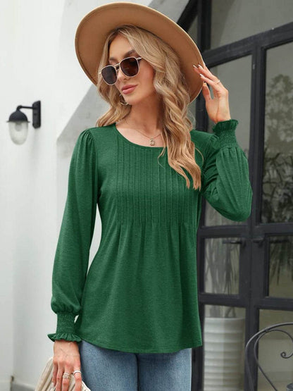 Smocked Round Neck Lantern Sleeve Blouse Trendsi 15ac7bf7087d4216bc9ffdca5060198f-Max