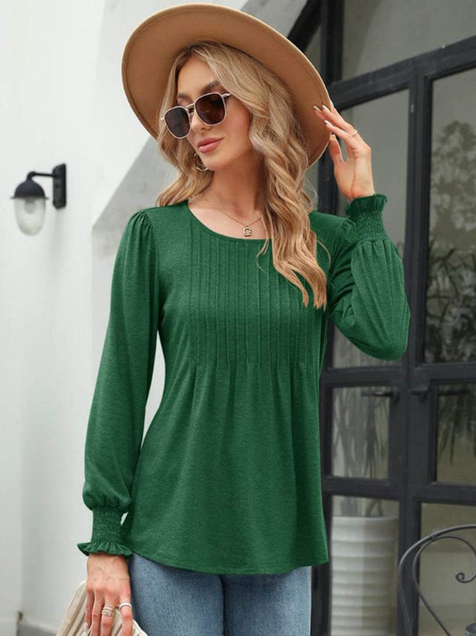 Smocked Round Neck Lantern Sleeve Blouse Trendsi 15ac7bf7087d4216bc9ffdca5060198f-Max