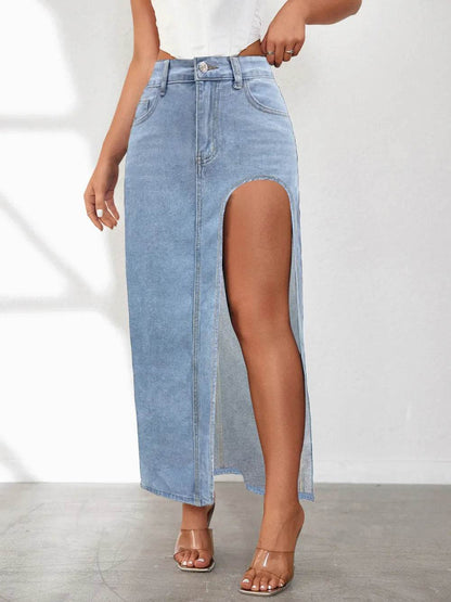 High Rise Slit Denim Skirt Light Blue Trendsi 15bff644-9c83-4cb5-a791-f5cc33775df8-Max