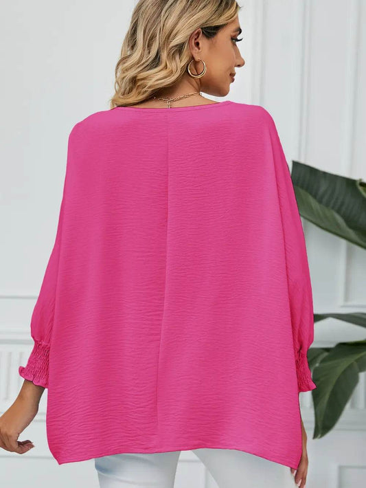 Smocked Lantern Sleeve Round Neck Blouse Trendsi 15cb1459b42144a388626511da8e05f8-Max