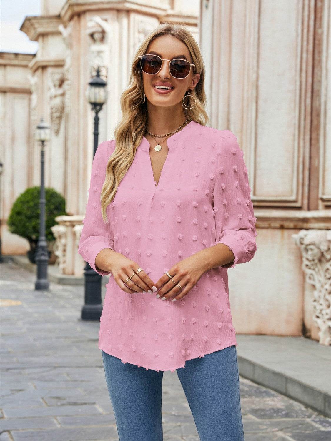 Swiss Dot Notched Neck Blouse Trendsi 15d3275133f6482db975f242f272663e-Max