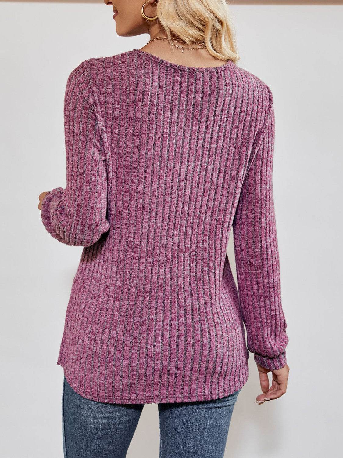 V-Neck Ribbed Long Sleeve Top Trendsi 16373d31d5bd49a5b15f4e010c95123c-Max