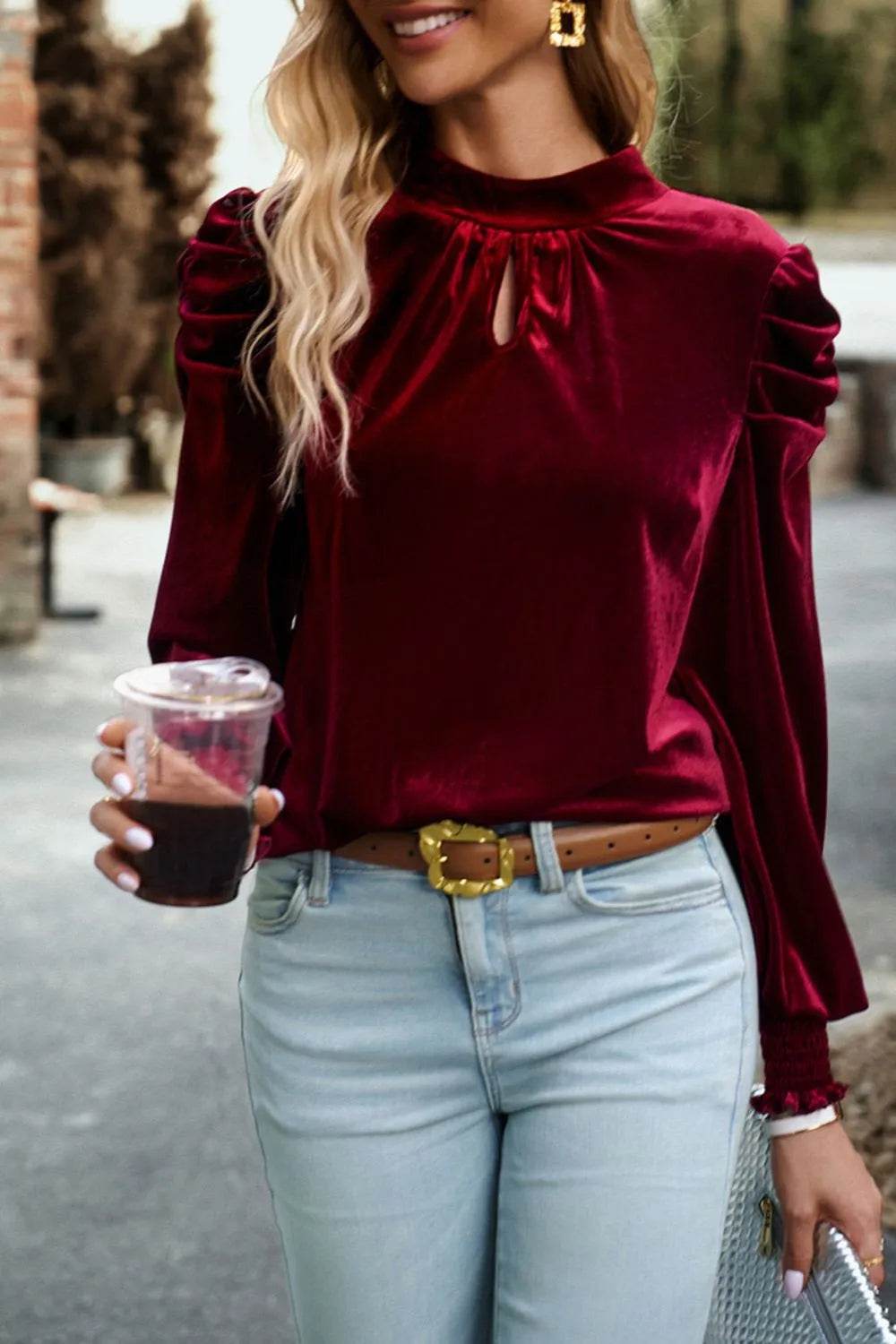 Tie Up Mock Neck Velvet Fabric Long Sleeve Blouse Trendsi 163a359a-9536-477b-9d5d-72c1f233b022-Max