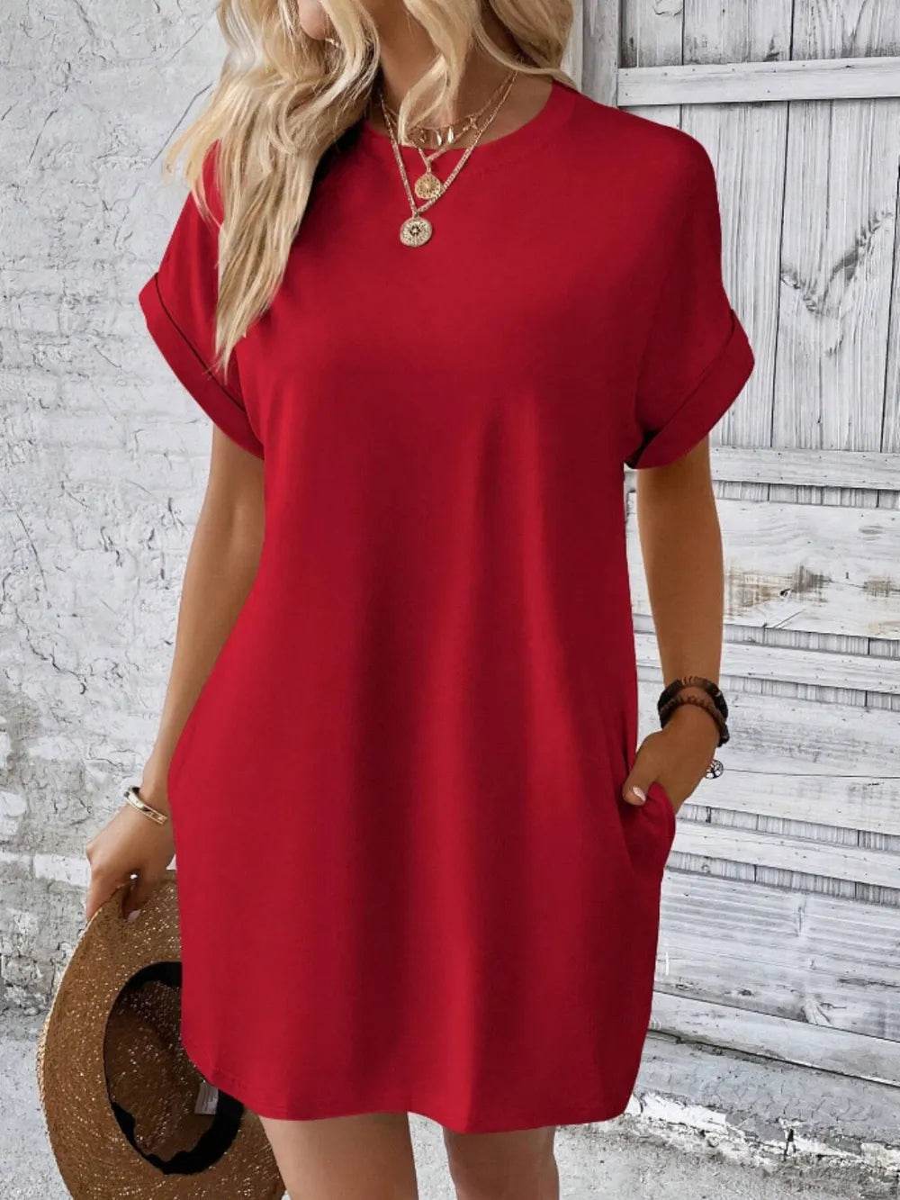 Pocketed Round Neck Short Sleeve Dress Trendsi 1645bb11-535a-47d7-8c03-a0af61ea3805-Max