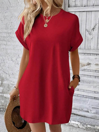 Pocketed Round Neck Short Sleeve Dress Trendsi 1645bb11-535a-47d7-8c03-a0af61ea3805-Max