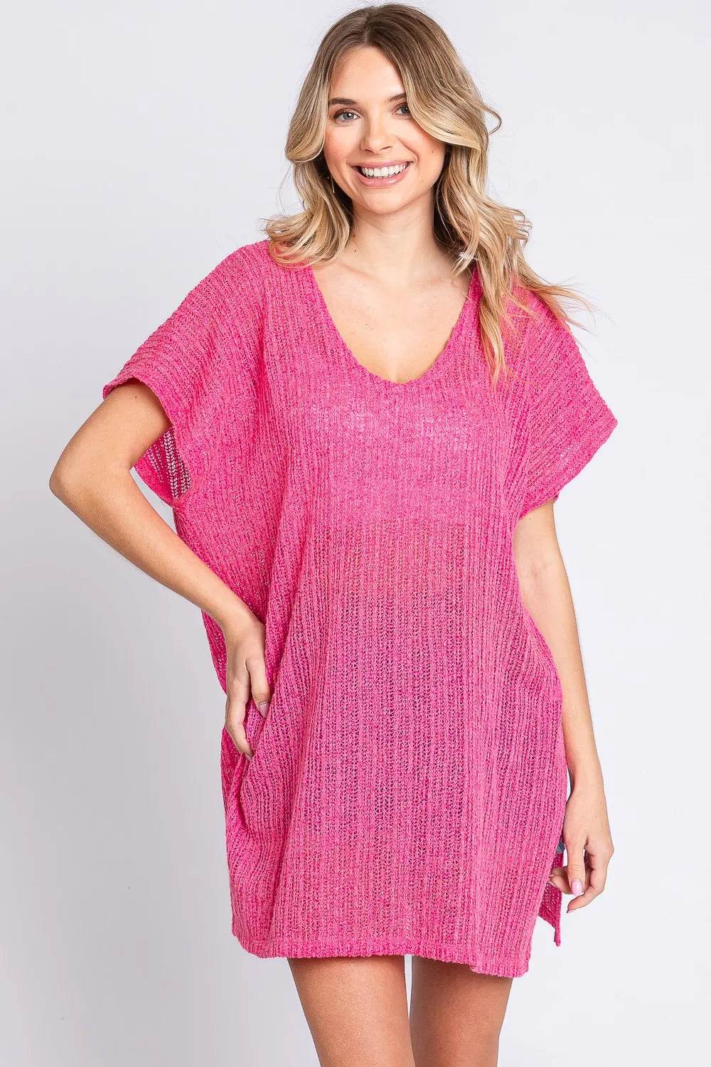 GeeGee Short Sleeve Side Slit Knit Cover Up Dress HOT PINK Trendsi 1671e121-de8b-4ca7-8c4a-fc6bc3388943-Max