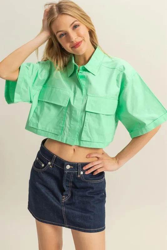 HYFVE Front Pockets Poplin Collared Neck Crop Shirt Neon Green Trendsi 1672f7ff-8bb6-4198-9711-213b87aba744-Max