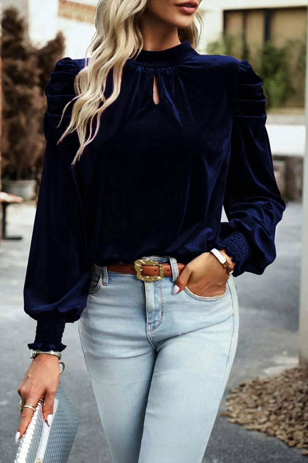 Tie Up Mock Neck Velvet Fabric Long Sleeve Blouse Trendsi 16847aa8-076c-442f-a35f-ea0cbd4161b0-Max