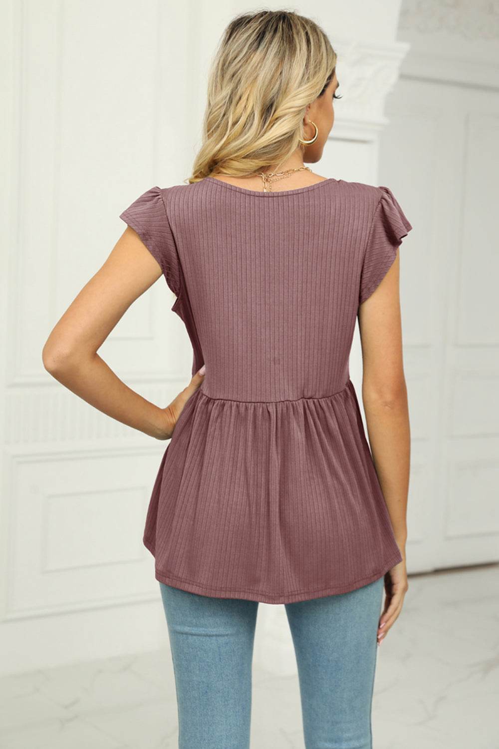 V-Neck Flutter Sleeve Babydoll Blouse Trendsi 1684edaa9dcd41b19cfe18f968e77f0e-Max