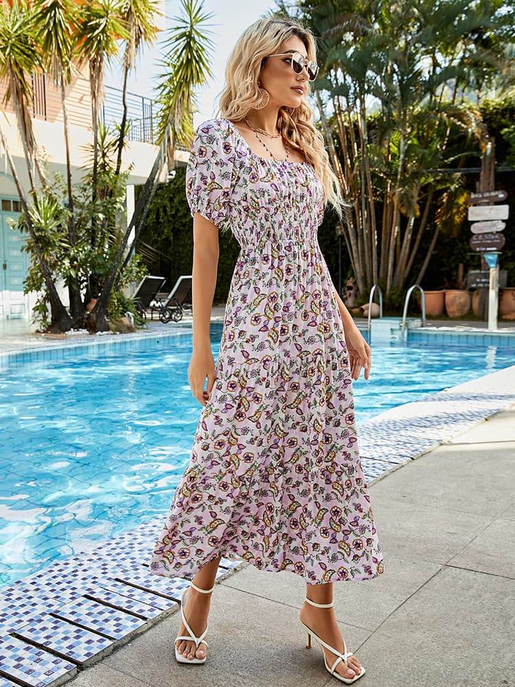 Printed Square Neck Short Sleeve Midi Dress Trendsi 1687206afbd24c14880d7bb32f241c23-Max