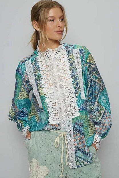 POL Lace Detail Printed Button Down Shirt Teal Trendsi 168ad8a4-1b45-4b6c-aab9-aa6db8920acb-Max