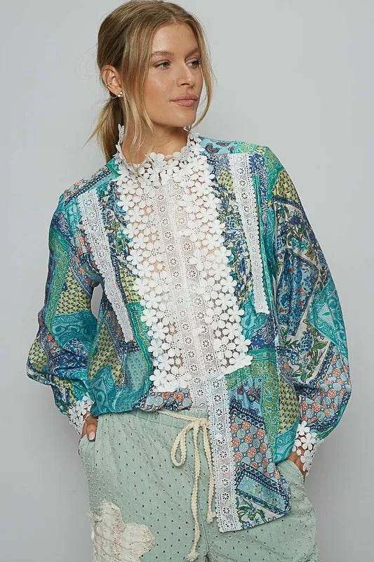 POL Lace Detail Printed Button Down Shirt Teal Trendsi 168ad8a4-1b45-4b6c-aab9-aa6db8920acb-Max