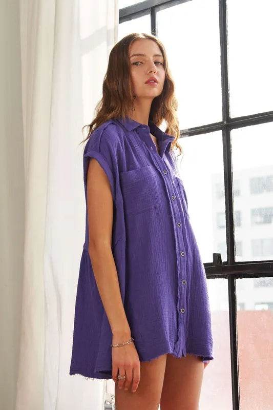 ADORA Raw Hem Collared Neck Button Down Shirt Trendsi 16966ed0-6add-4289-8641-1b554144d31b-Max