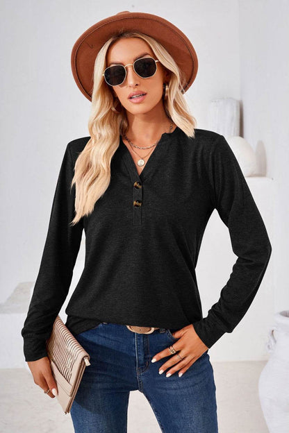 V-Neck Buttoned Long Sleeve Blouse Black Trendsi 169ef2b09cf542f39131b3cf2a9f4598-Max