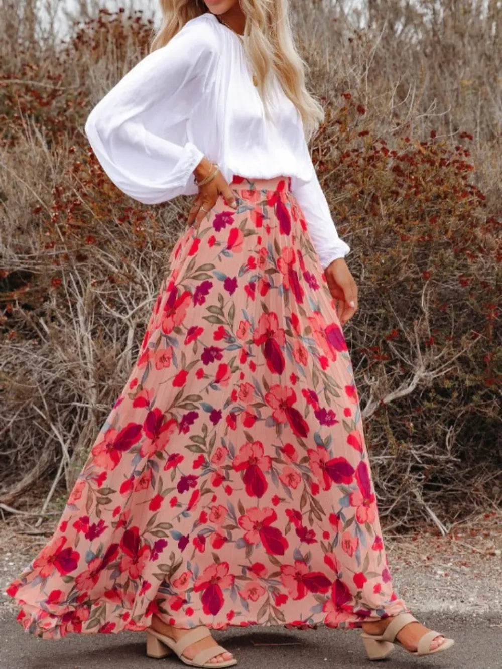 Printed Elastic Waist Pleated Maxi Skirt Trendsi 16a39527-2016-49ee-9d4a-faf785282aec-Max