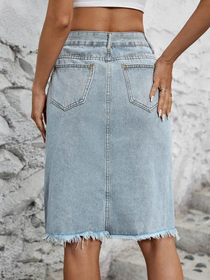 Raw Hem Slit Denim Skirt Trendsi 16abd86f-bfd8-4e29-9c38-3da7a5ff657c-Max