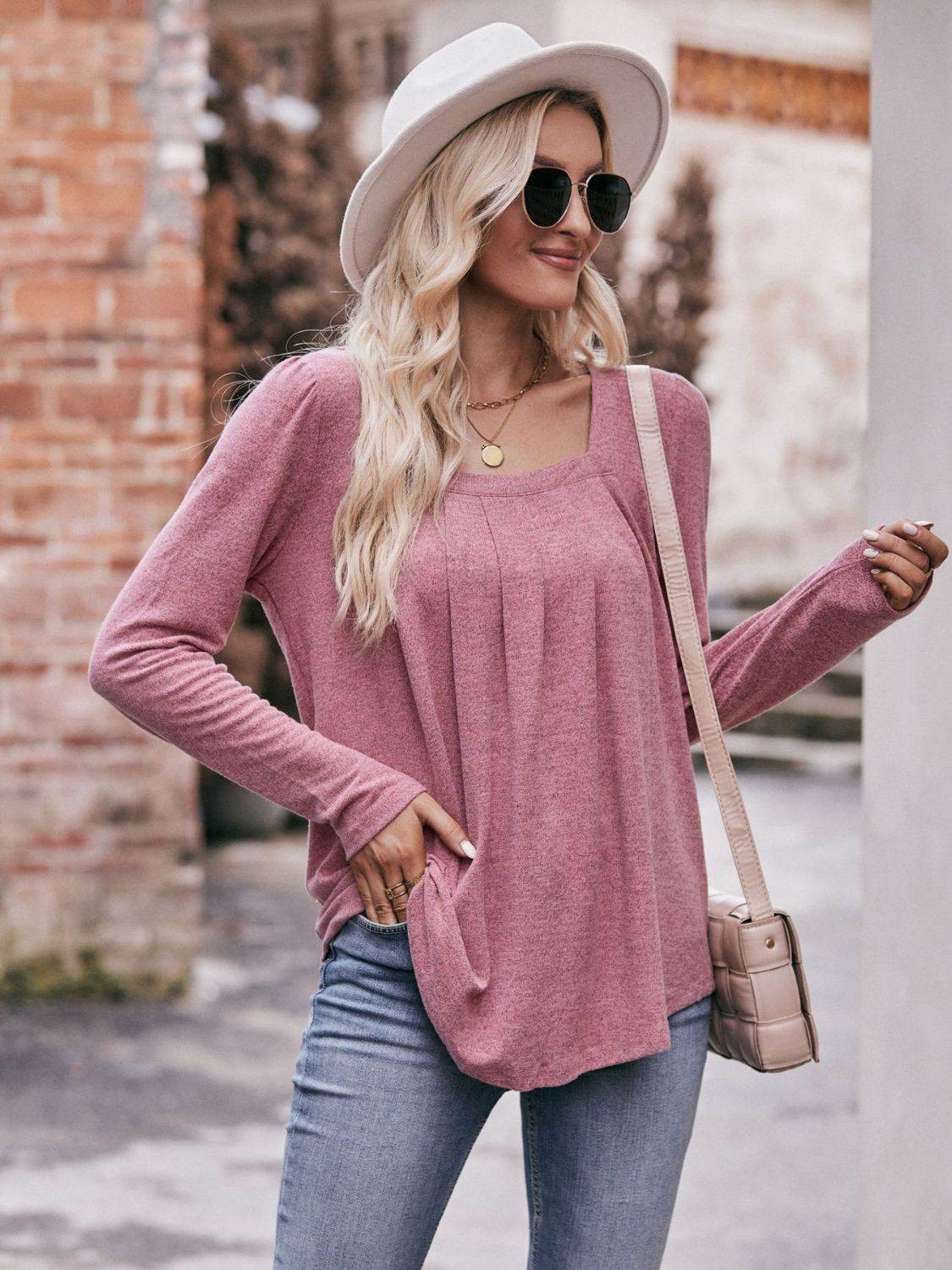 Mandy Pleated Detail Curved Hem Long Sleeve Top Trendsi 16b2c05b08794032a911063f156fd34b-Max