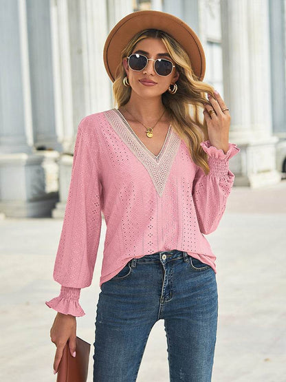 V-Neck Eyelet Flounce Sleeve Blouse Carnation Pink Trendsi 16b48f381bcd45b79743c5a120564248-Max