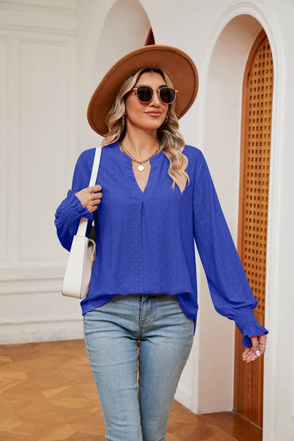 Notched Neck Flounce Sleeve Blouse Royal Blue Trendsi 16d83a9d4ade49dfa51ff2126fb19771-Max