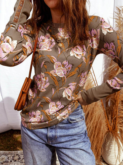 Floral Print Waffle Textured Long Sleeve Top Trendsi 16e8aa239ff54d5cadb05834a6be250f-Max-Origin