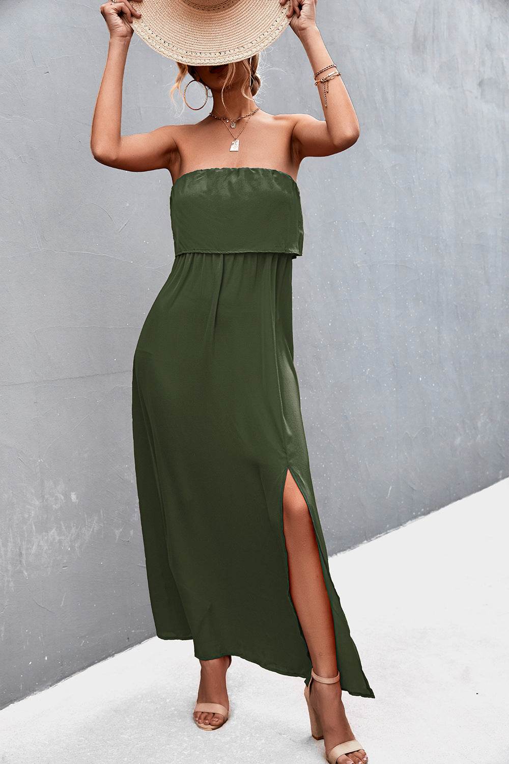 Strapless Split Maxi Dress Army Green Trendsi 17061ebb40ad40cb9db437618728b5f5-Max