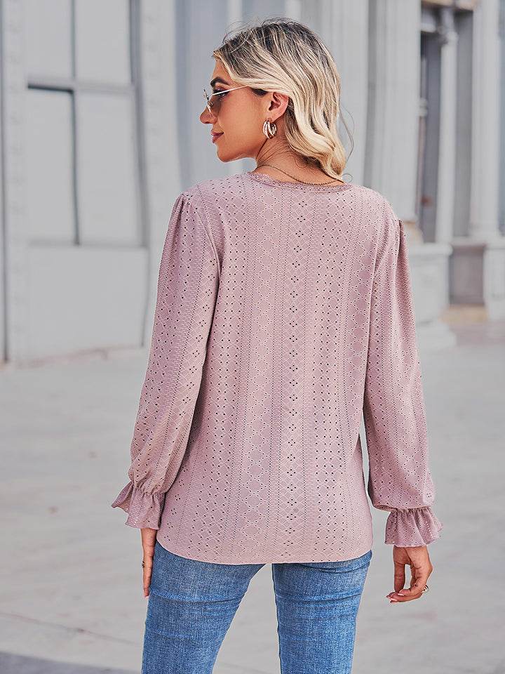 Eyelet V-Neck Flounce Sleeve Blouse Trendsi 1714e8678bc94952a0ec6bffc3b85475-Max