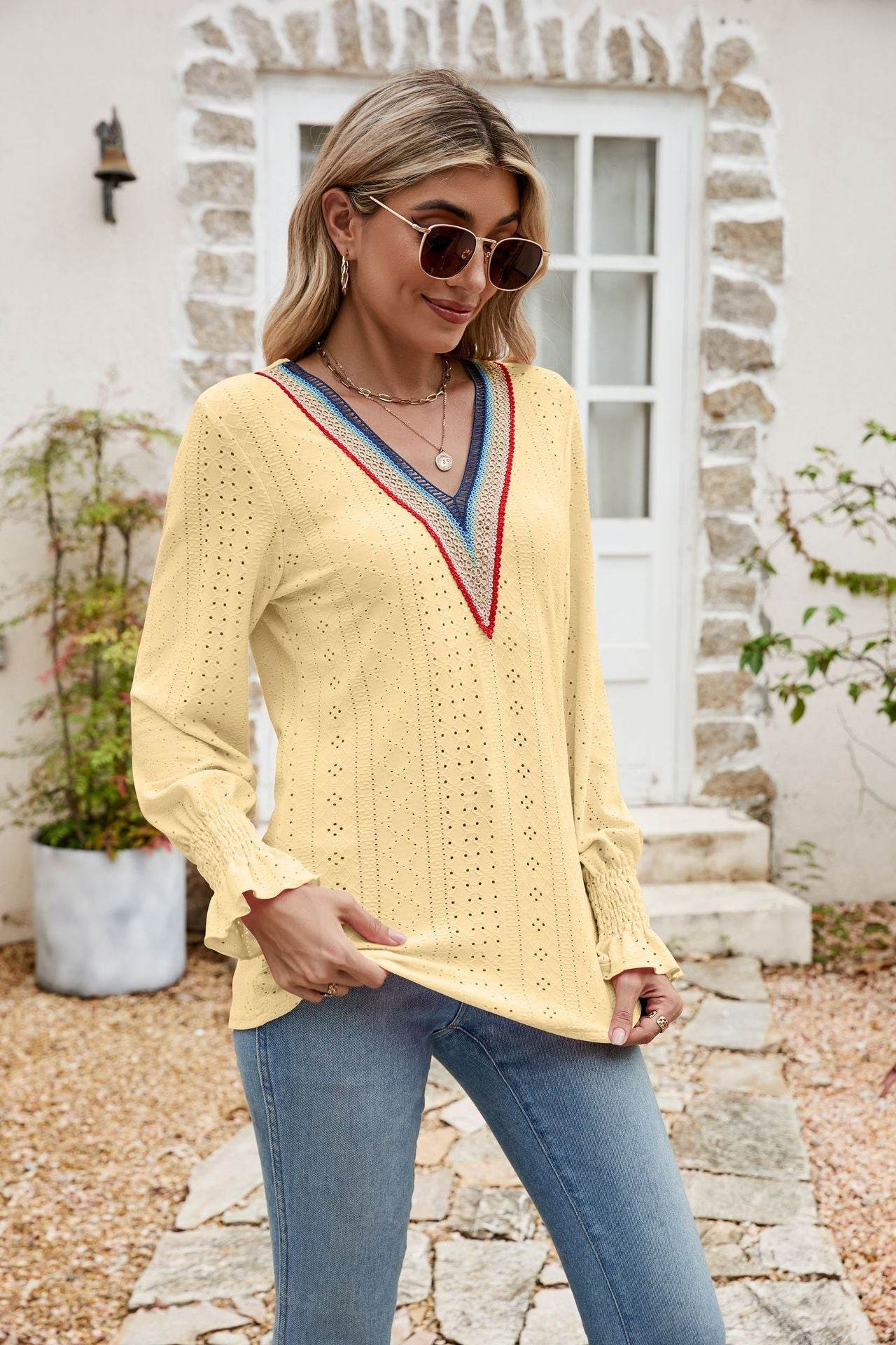Eyelet Flounce Sleeve V-Neck Blouse Trendsi 17266f230a004942a466cdac0341ea20-Max
