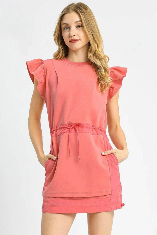 Umgee Luxe knit Ruffle Sleeve Drawstring Mini Dress Strawberry Trendsi 1736b249-8333-44af-92fd-dac516d30710-Max-Origin