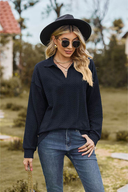 Collared Neck Cable-Knit Long Sleeve Blouse Dark Blue Trendsi 17525f0d08b243f9b4a5d7964da2c350-Max
