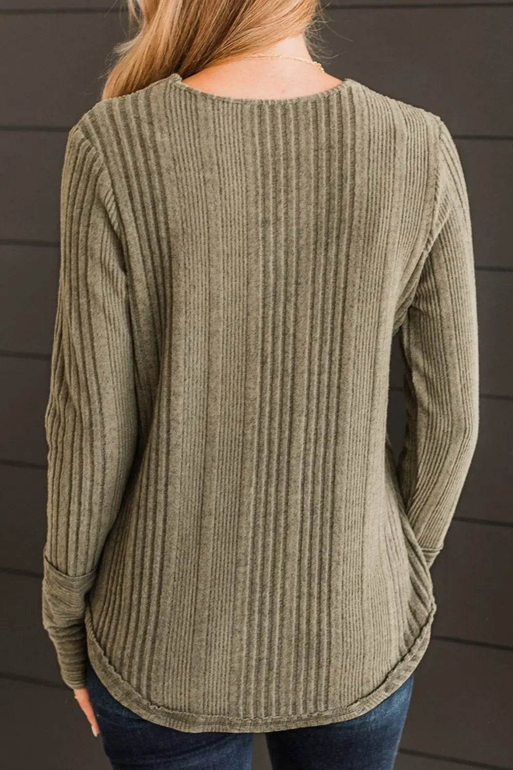 Ribbed Buttoned Long Sleeve Blouse Trendsi 17639801e3224a82800b992cfd3e98b5-Max