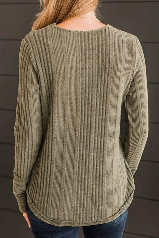 Ribbed Buttoned Long Sleeve Blouse Trendsi 17639801e3224a82800b992cfd3e98b5-Max
