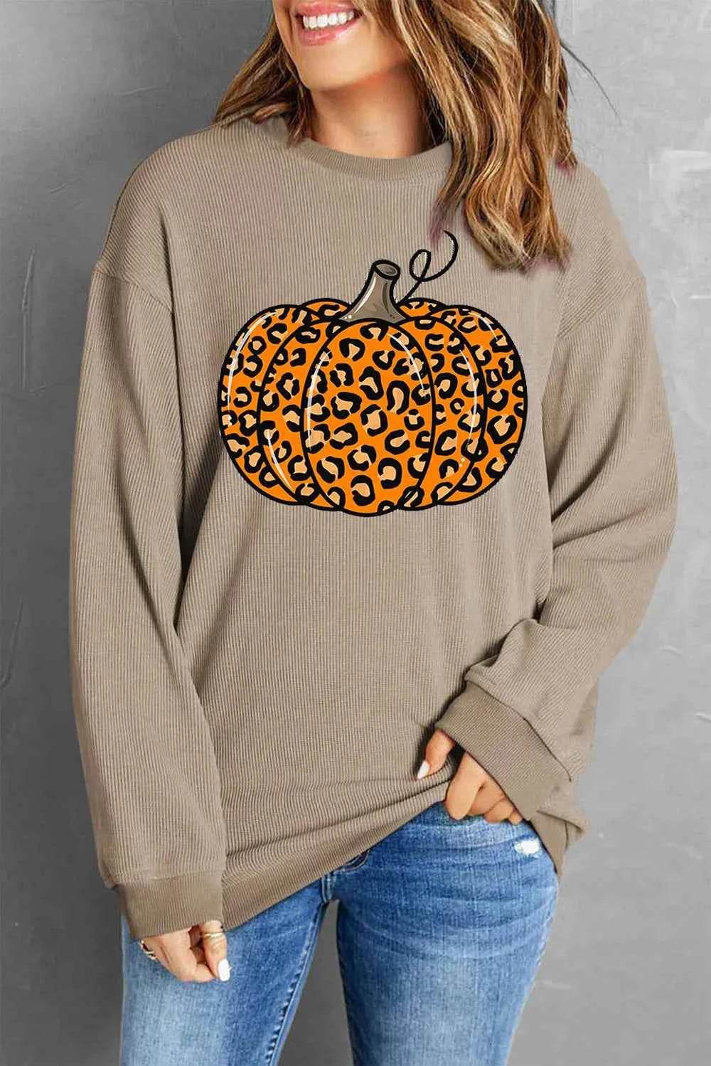 Pumpkin Round Neck Long Sleeve Sweatshirt Khaki Trendsi 1773d06b-c846-4d7d-b954-ec69d61b92d1-Max