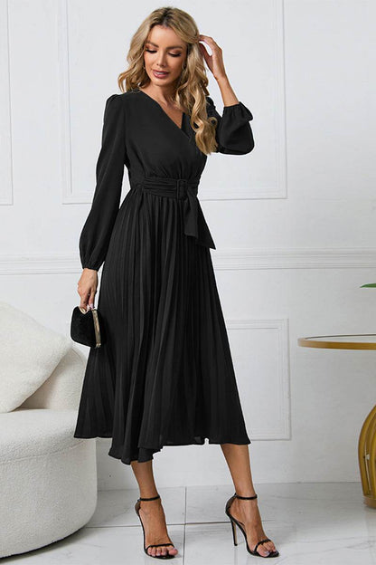 V-Neck Long Sleeve Tie Waist Midi Dress Black Trendsi 178f75fb648f426b939613a5f67824eb-Max