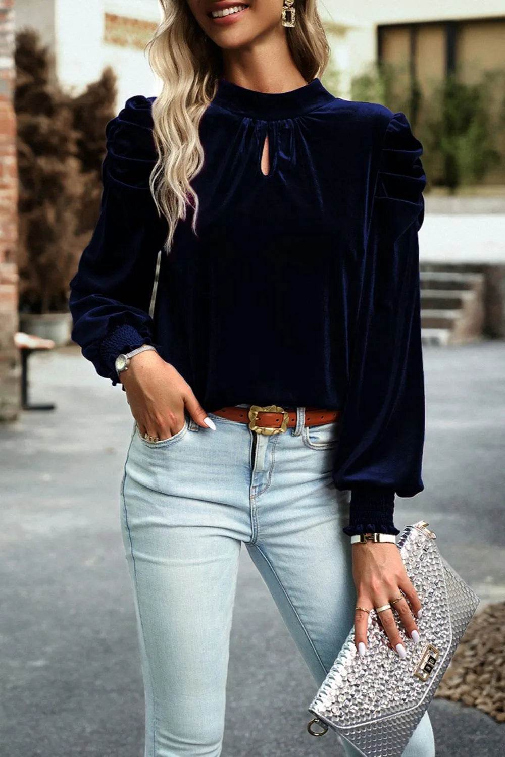Tie Up Mock Neck Velvet Fabric Long Sleeve Blouse Dark Blue Trendsi 17b53506-f00a-46b9-9af7-c3517a8007d6-Max