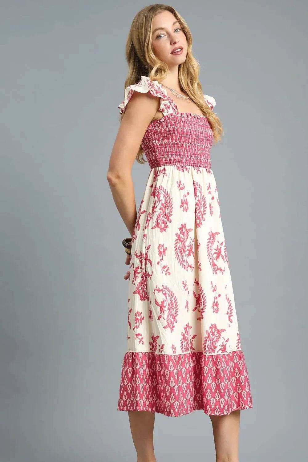 Umgee Printed Smocked Midi Dress with Ruffle Details Trendsi 17cc6bff-00e1-4874-b15d-97e9167cb770-Max-Origin